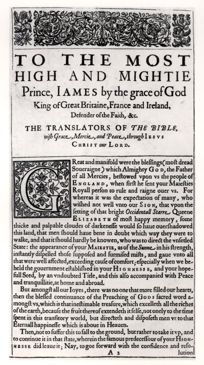 Pyhän Raamatun omistussivu, pub. Kirjailija: Robert Barker, 1611 tekijältä English School