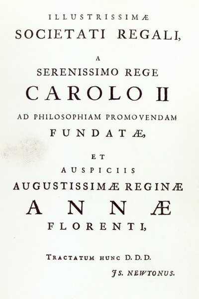 Omistautuminen Newtons Philosophiae Naturalis Principia Mathematican toisen painoksen Royal Societylle. 1713 tekijältä English School