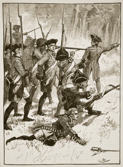 Kenraali Braddockin tappio intiaanien väijytyksessä, 1755, kuva Cassells Illustrated History of Englandista (seepiakuva) tekijältä English School