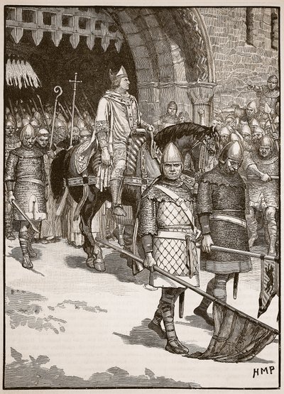 Piispa Odon lähtö Rochesterista, kuvitus Cassells Illustrated History of Englandista (seepiakuva) tekijältä English School