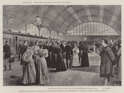Kuningatar Wilhelminan ja Alankomaiden kuningatar Regentin lähtö, kohtaus Victorian asemalla 9. toukokuuta (litho) tekijältä English School