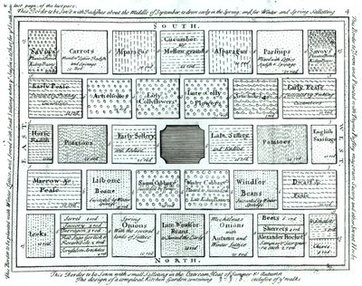 Suunnittelu valmiille keittiöpuutarhalle, teoksesta New Principles of Gardening, Betty Langley, 1726 tekijältä English School