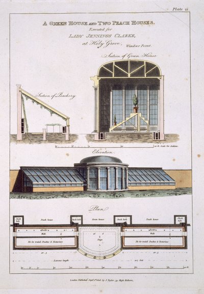 Suunnittelu vihreälle talolle ja kahdelle persikkatalolle, 1806 tekijältä English School