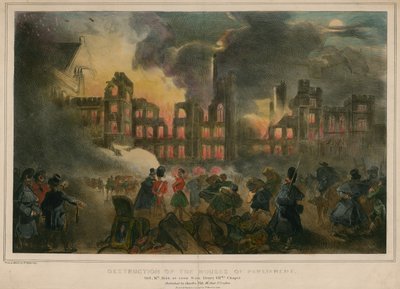Parlamenttitalo tuhoutui tulipalossa 16. lokakuuta 1834, katsottuna Henrik VIII:n kappelista tekijältä English School