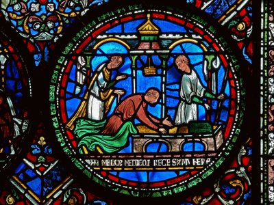 Yksityiskohta Miracle Window -ikkunasta, jossa on kuvattu William Kellett ja Adam Forrester tekijältä English School