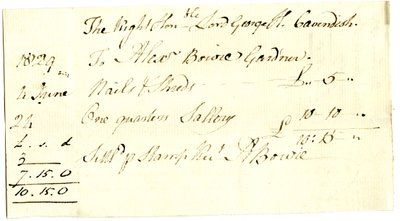 Devonshire MSS AS 3101, folio Pinder Simpsonin lordi George Cavendishille maksamista laskuista, mukaan lukien Alexander Bowien lasku tekijältä English School