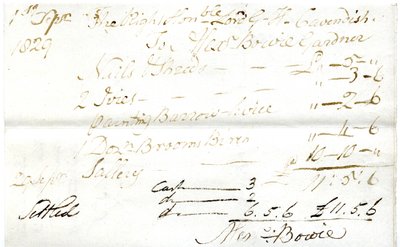 Devonshire MSS AS 3101, folio Pinder Simpsonin lordi George Cavendishille maksamista laskuista, mukaan lukien Alexander Bowien lasku tekijältä English School
