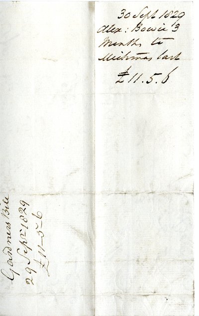 Devonshire MSS AS 3101, folio Pinder Simpsonin lordi George Cavendishille maksamista laskuista, mukaan lukien Alexander Bowien lasku tekijältä English School