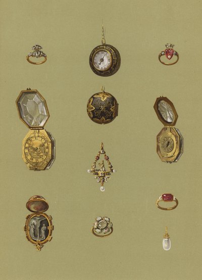 Timanttisormus, kultakello, Bloodstone Cameo, kultakello, jalokivinen pasianssi, Mary Queen of Scots -surusormus, Prinsessa Elisabetin kultasormus, kahdeksankulmainen kultakello, kultasormus, helmikorvakoru tekijältä English School