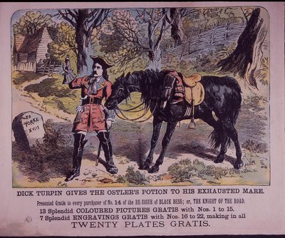 Dick Turpin hevosensa kanssa Black Bess matkalla Yorkiin (värilitho) tekijältä English School