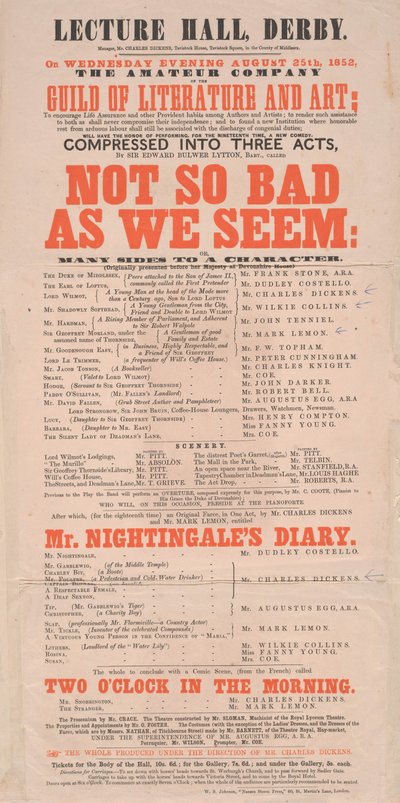 Dickens playbill: Ei niin pahalta kuin näytämme luentosalissa, Derby, ohjelma 25. elokuuta 1852 tekijältä English School