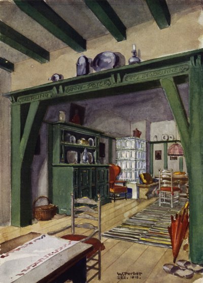 Ruokailu- ja olohuone maalaistalossa (väri litho) tekijältä English School