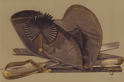 Lord Nelsonin (chromolitho) dirk, miekka ja hattu tekijältä English School