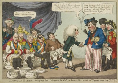 Tohtori Boney_tuo Powers to Pot tai John Bull ja hänen ystävänsä melko ujo pubi. 1808 (käsinvärinen kaiverrus) tekijältä English School