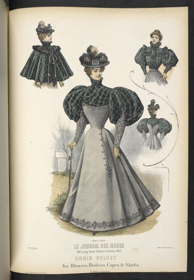Doris velvet, puseroille, bodireille, viitteille ja hameille,  Plate 2250, Doris-sametti puseroihin, bodieihin, viitoihin ja hameisiin,  Omistaja ja Milliner,  1895 tekijältä English School