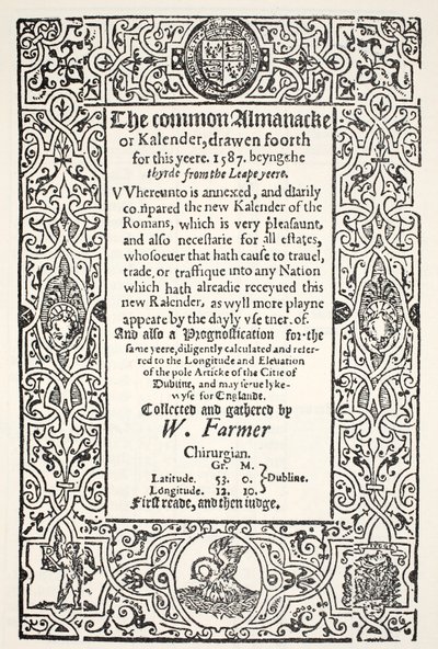 Double Almanack (yleinen ja uusi) ja Prognostication for Dublin vuodelle 1587, W. Farmer, painat Watkins ja Roberts, 1587 tekijältä English School