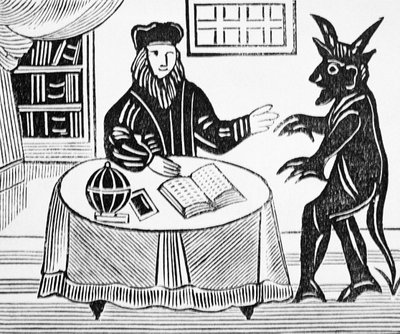 Tohtori Faustus neuvonantajana paholaisen kanssa, Gentsin käännöksestä Christopher Marlowen (1564-93) Dr. Faustuksen käännös 1648 esoteeria-aiheisten ohjekirjojen kokoelmasta tekijältä English School