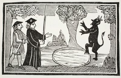 Tohtori Faustus nostaa paholaisen, kuvitus John Ashtonin pubista Chap-books of the Eightenth Century. 1882 tekijältä English School