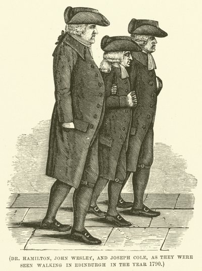Tohtori Hamilton, John Wesley ja Joseph Cole, kun heidät nähtiin kävelemässä Edinburghissa vuonna 1790 (kaiverrus). tekijältä English School