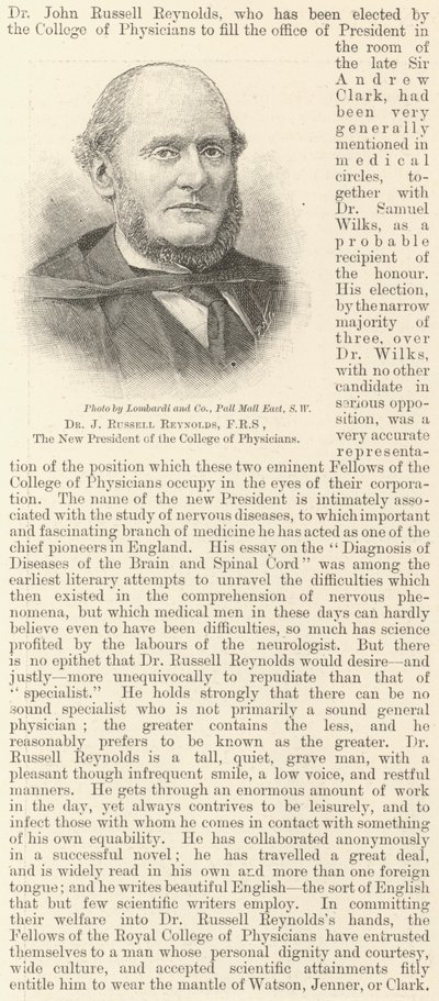Tohtori J Russell Reynolds, FRS, College of Physiciansin uusi presidentti (kaiverrus) tekijältä English School