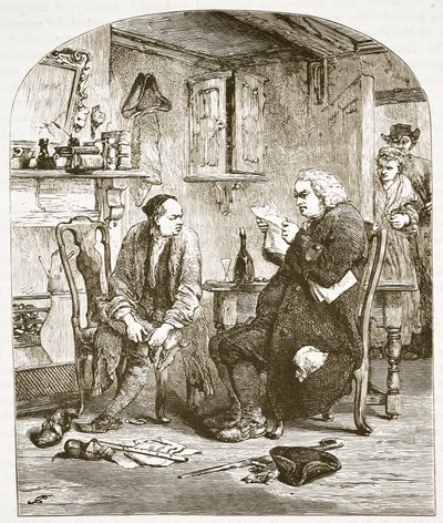 Tohtori Johnson lukee Wakefieldin kirkkoherran käsikirjoitusta, kuvitus Cassells Illustrated History of Englandista (seepiakuva) tekijältä English School