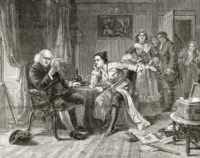 Tohtori Samuel Johnson lukee "The Vicar of Wakefieldin" käsikirjoitusta "London Pictures: Drawn with Pen and Pencil" -julkaisusta, pastori Richard Lovett, julkaistu 1890 (litho) tekijältä English School