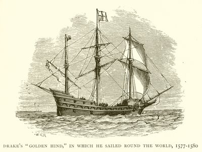 Drakes Golden Hind, jossa hän purjehti maailman ympäri, 1577-1580 tekijältä English School
