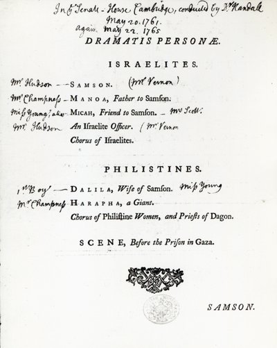 Dramatis Personae for Simson, Händelin oratorio, julkaistu vuonna 1759 tekijältä English School