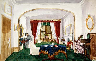 Olohuoneen sisustus, nainen pianon ääressä, mies keilahattukirjoituksessa, n.1850 (akvarelli paperille) tekijältä English School