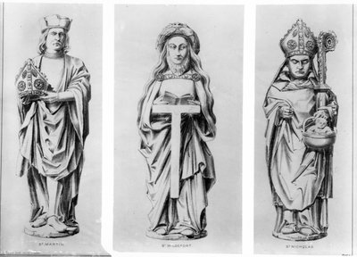 Piirroksia pyhistä Martin, Wilgefort ja Nicholas heidän patsaistaan Henrik VII:n kappelissa Westminster Abbeyssa, tekijältä English School