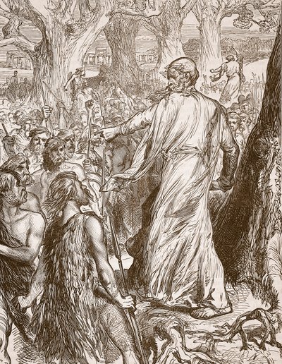 Druidit yllyttävät brittejä vastustamaan roomalaisten maihinnousua, kuvitus Cassells Illustrated History of Englandista (seepiakuva) tekijältä English School