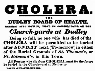 Dudley Board of Health -juliste, jossa kerrotaan koleraan kuolleiden ihmisten hautausmenettelystä, noin 1840-luku tekijältä English School