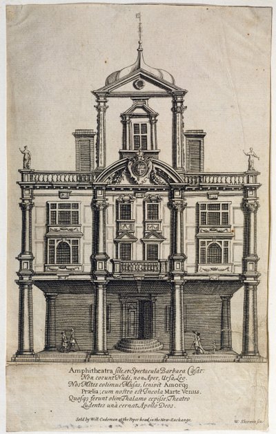 Dukes Theatre, Dorset Gardens, kaiverrus W. Sherwin (n. 1645-1711) 1673 tekijältä English School