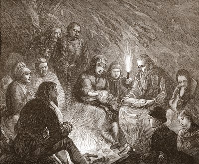 Hollantilaiset protestantit piilossa, kuvitus James Aitken Wylien (1808-1890) Protestantismin historiasta, pub. 1878 tekijältä English School