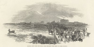Pääsiäismetsästys kuninkaallisten polttarikoirien kanssa: Meet at Stoke Common, The Illustrated London News, 29. maaliskuuta 1845 tekijältä English School