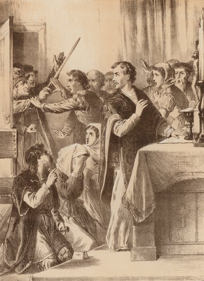 Edmund Genings, "Rikkoi auki kamarin oven, jossa hän juhli" (litografia). tekijältä English School