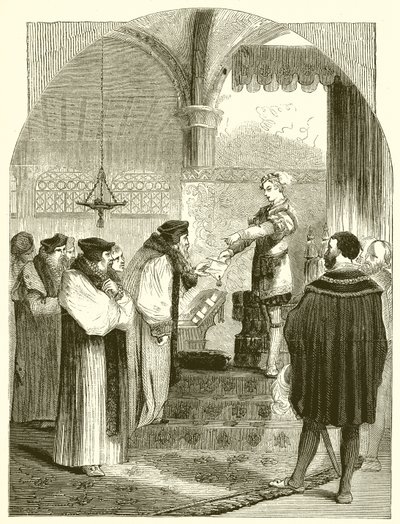 Edward VI. Joan Bocherin teloitusmääräyksen esittäminen arkkipiispa Cranmerille tekijältä English School