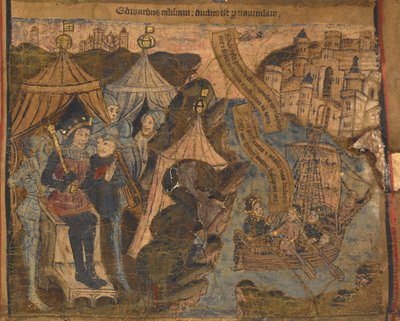 Edward of York yhdessä Earls of Salisburyn ja Warwickin kanssa lähti Calaisiin Ludford Bridgen taistelun jälkeen. Kuningas Henrik VI katselee voitolla, kuvitus teoksesta "Edward IV:n typologinen elämä ja sukututkimus", n. 1460-70 (vellum) tekijältä English School