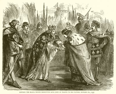 Edward Musta prinssi esittelee Ranskan kuninkaan Johnin isälleen Edward III:lle, 1357 tekijältä English School