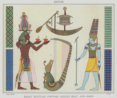 Egyptiläinen, varhainen egyptiläinen puku, purjevene ja harppu (väri litho) tekijältä English School