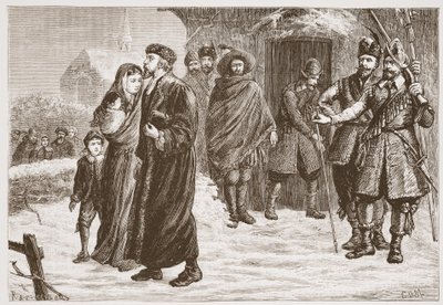 Unkarilaisen protestanttisen pastorin karkottaminen talviaikaan, kuvitus James Aitken Wylien (1808-1890) teoksesta The History of Protestantism, pub. 1878 tekijältä English School