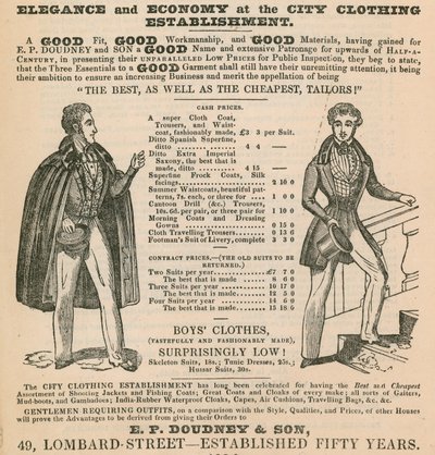 Eleganssia ja taloudellisuutta City Clothing Establishmentissä; E P Doudney & Son, 49 Lombard Street, Lontoo tekijältä English School