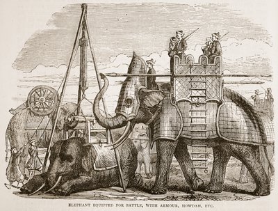 Taisteluihin varusteltu norsu, panssari, howdah jne., kuvitus James Grantin pubista Cassells Illustrated History of India. 1879 tekijältä English School