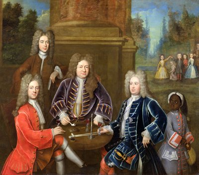 Elihu Yale (1648-1721), Devonshiren toinen herttua, lordi James Cavendish, herra Tunstal ja palvelija, noin 1708. tekijältä English School