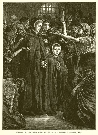 Elizabeth Fry ja Hannah Buxton vierailemassa Newgatessa vuonna 1813 tekijältä English School