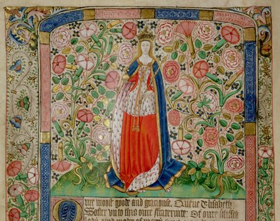 Elizabeth Woodville (n. 1437–1492) Englannin kuninkaan Edward IV:n (1442–83) kuningatar puoliso (vellum) (70062:n yksityiskohta) tekijältä English School