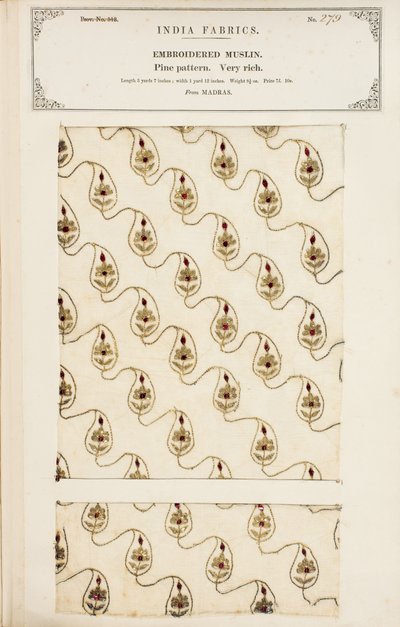 Brodeerattu musliininäyte Madrasista, kokoelmasta The Collection of the Textile Manufacturers of India, John Forbes Watson, julkaistiin vuonna 1866 tekijältä English School