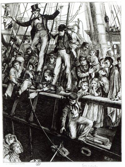 Emigrants Leaving Old England, The Graphic -lehdestä, 18. joulukuuta 1869 tekijältä English School