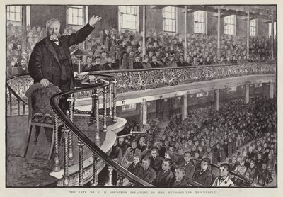 Erityinen englantilainen baptistisaarnaaja Charles Haddon Spurgeon saarnaa Metropolitan Tabernaclessa Lontoossa (litho) tekijältä English School