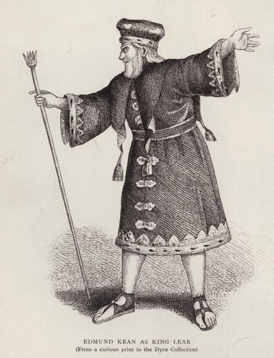 Englantilainen näyttelijä Edmund Kean nimiroolissa Shakespearen kuningas Learissa (litho) tekijältä English School